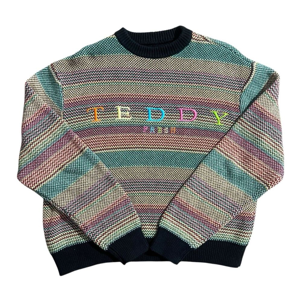 Teddy Fresh Striped Rainbow Pullover Knit Cotton Sweater Crew Neck Size S